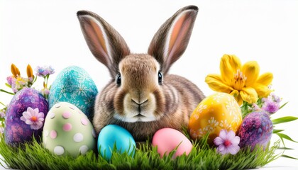 colorful easter bunny and eggs on grass and flowers n vibrant digital illustration isolated on white background