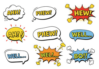 Comic book style speech bubbles with exclamation words like Ahh Phew Well and Bo