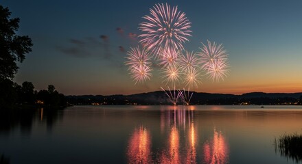 Fototapeta premium Vibrant Fireworks Display Over Calm Lake at Night