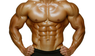 Fototapeta premium Muscular Male Model Flexing Strong Body, Showcasing Defined Abs and Powerful Arms for Fitness and Bodybuilding Visuals in Isolated Studio Setting