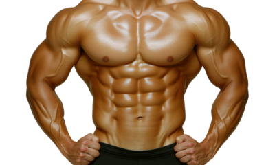 Muscular Male Model Flexing Strong Body, Showcasing Defined Abs and Powerful Arms for Fitness and Bodybuilding Visuals in Isolated Studio Setting