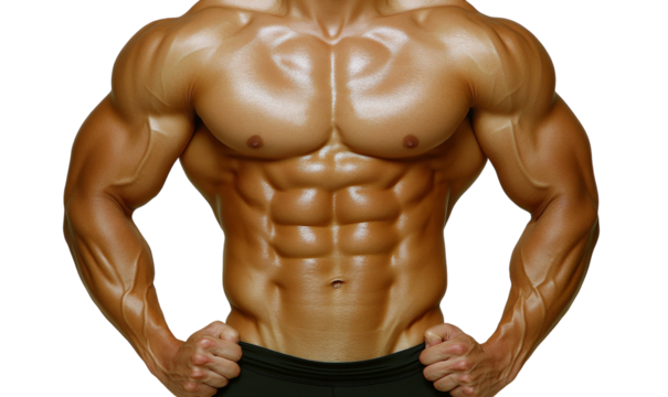 Muscular Male Model Flexing Strong Body, Showcasing Defined Abs and Powerful Arms for Fitness and Bodybuilding Visuals in Isolated Studio Setting