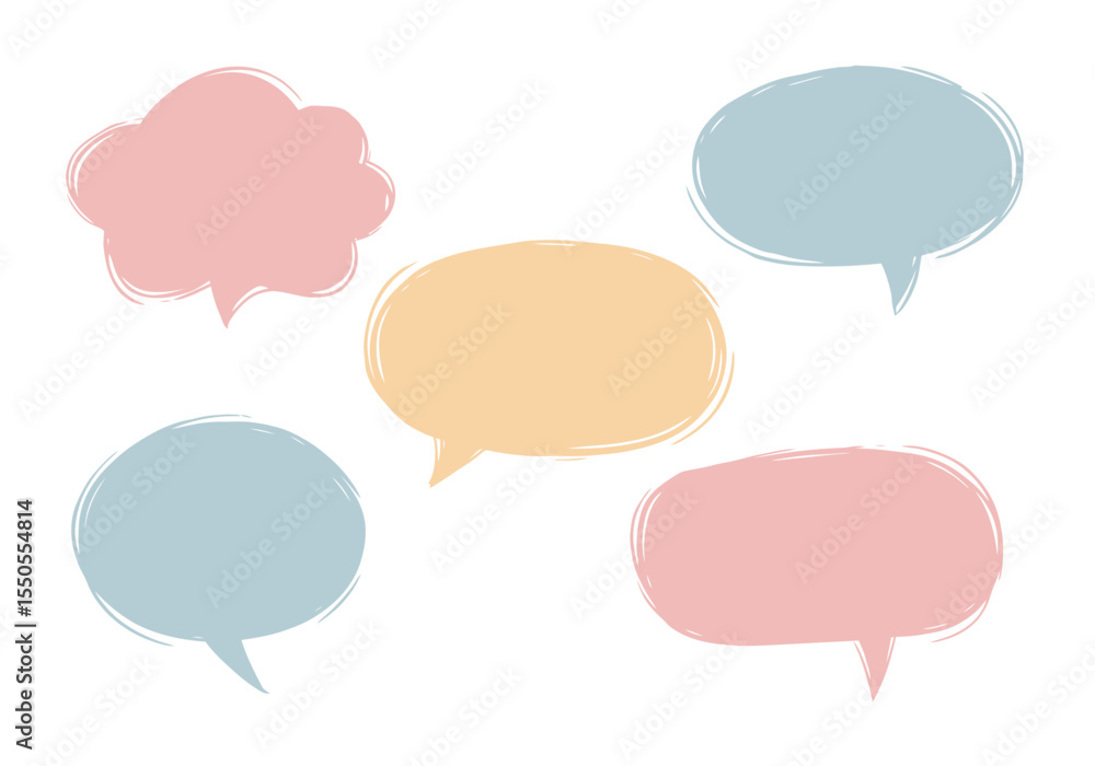 Fototapete five pastel speech bubbles with rough sketched outlines in various shapes and orientations on a plai