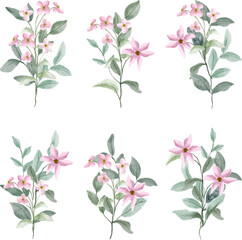 set of pink floral watercolor bouquet