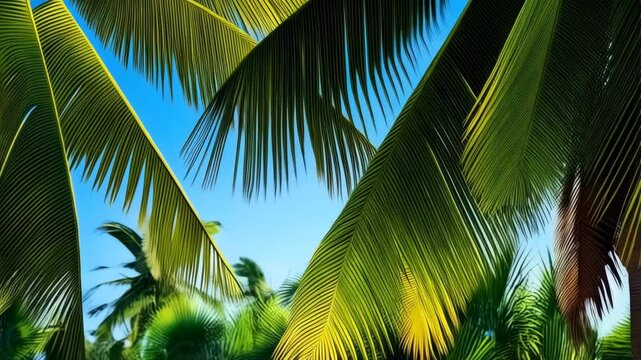 Tropical backdrop with halved coconut in the foreground and palm fronds in the background
