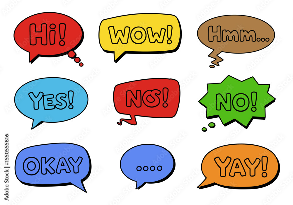 Poster nine colorful speech bubbles each containing different words or symbols are arranged in a 3x3 grid