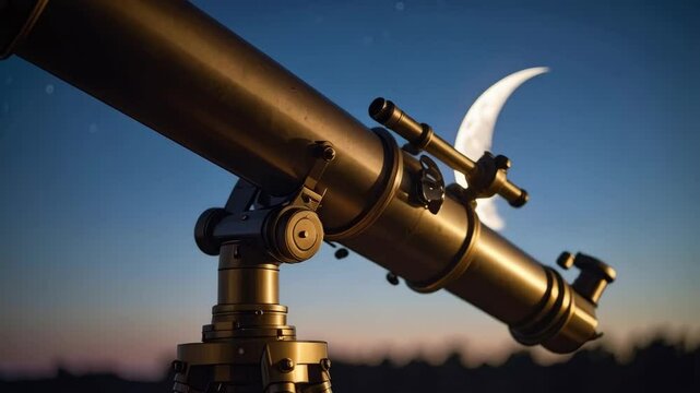 Refracting telescope on a tripod pointing towards a crescent moon and starry night sky, astronomy equipment for stargazing