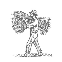 Fototapeta premium Farmer holding wheat. Vintage rough woodcut engraving linocut style vector illustration.