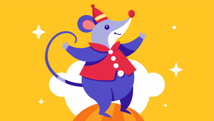 Fototapeta premium Double Trouble The mouse dressed in a vibrant jester costume stands confidently on the elephants back striking a playful pose. The elephant with a big grin and circus flair holds a
