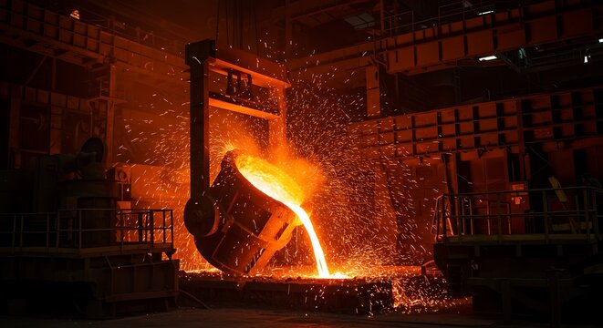 An intense and dramatic shot of glowing, molten steel being poured from a massive industrial ladle, creating a shower of bright orange sparks against a dark foundry background. - Powered by Adobe