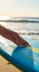  A photorealistic close-up of a surfer's hand carefully applying white wax in a circular motion to a vibrant surfboard. Bright, sunny beach day lighting, with the ocean blurred behind.