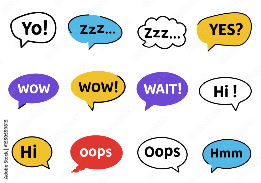Poster twelve cartoon speech bubbles containing short text interjections displayed in a grid