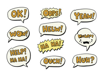 Obraz premium The image presents nine cartoonstyle speech bubbles featuring varied humorous and emotional expressions