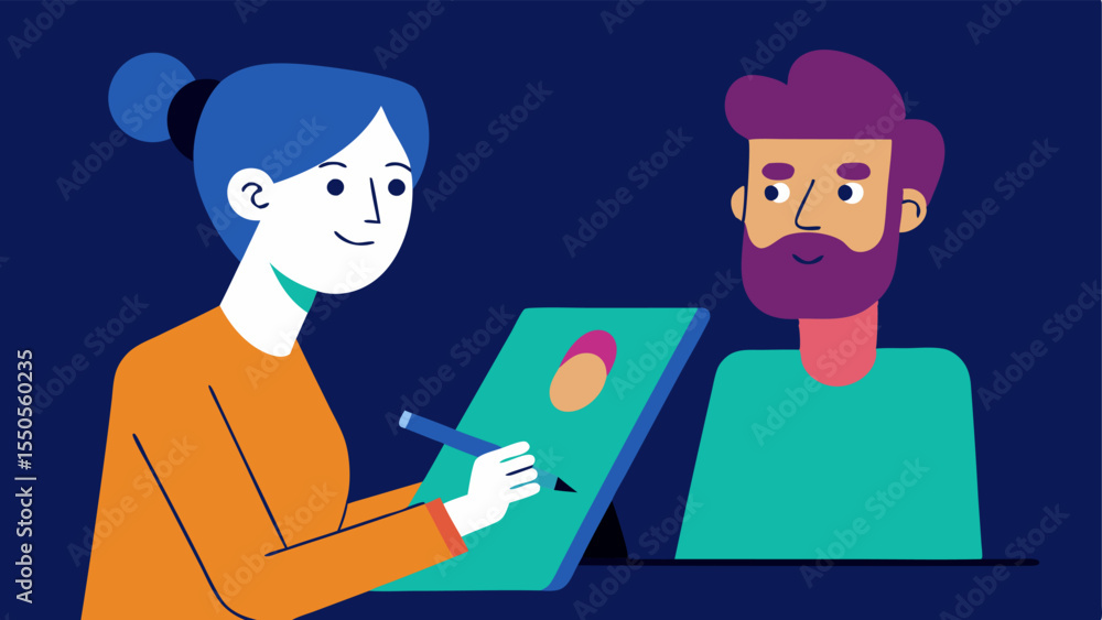 Poster digital sketchpad a modern artist using a digital tablet to create a sketch with the witness looking