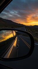 A view from inside a moving car on a scenic mountain road. The car's side mirror is in focus, reflecting the dramatic sunset and the long, empty road stretching behind.