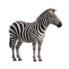 Obraz premium A full-body zebra in profile showing black and white stripe patterns clearly. Use even lighting to make contrast sharp. Face slightly turned toward viewer to show both eye and ear. Kee