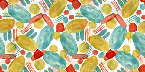 Abstract hand painted watercolor seamless pattern of olive, red and teal shapes and lines. Playful watercolour aquamarine green and mustard yellow stains and blobs print for textile design, surface