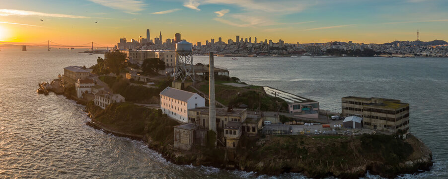 Alcatraz Island, USA, at sunset. The former prison is a popular tourist destination, offering tours and historical insights into its past.