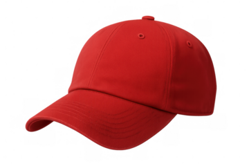 Classic red baseball cap shown at an angle, isolated on a transparent background, ready for customization and mockups