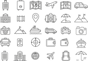 Travel Line Icons Set. Adventure, Vacation, Luggage, Landmarks Vector Illustration Isolate on White Background