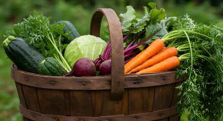 A rustic wooden farmer's market basket, overflowing with a vibrant assortment of fresh, organic vegetables like carrots, beets, and leafy greens, with dewdrops on them.