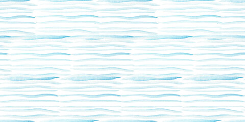 Abstract light turquoise blue paintbrush lines sea waves seamless pattern. Watercolour hand painted striped brushstroke marine print for textile design, wrapping paper, nature wallpaper