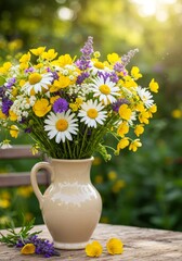 Fototapeta premium Summer Wildflower Bouquet in Beige Pitcher