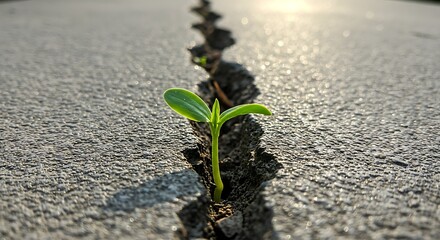 A single, resilient green sprout pushing its way up through a crack in a dry, grey urban concrete pavement. A powerful metaphor for hope, resilience, and new beginnings.