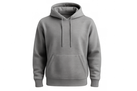 Grey hoodie with drawstring and kangaroo pocket, perfect for showcasing designs or creating casual wear mockups