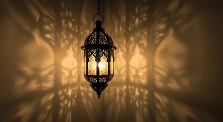 A single, ornate Moroccan lantern made of intricate metalwork, casting complex and beautiful geometric shadow patterns on a textured wall. Warm, magical, ambient light.