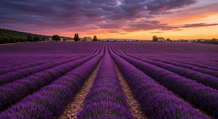 A breathtaking landscape photograph of a vibrant purple lavender field in Provence, France, under a dramatic sunset sky. The rows of lavender lead towards the horizon.