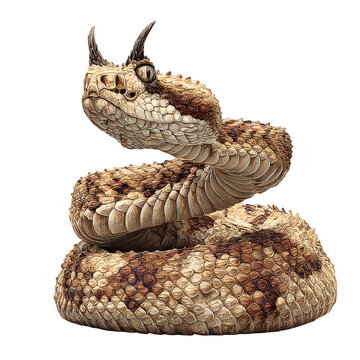 A horned desert viper with horns above the eyes and sandy texture, coiled in attack stance. Emphasize eyes and horn shapes. 8K, high detail, ultra-sharp, transparent background style