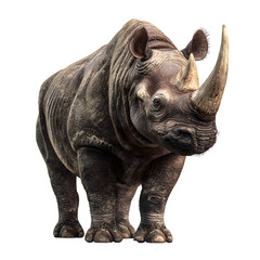 Fototapeta premium A Javan rhino with a single horn and rugged skin folds, standing calmly. Showcase prehistoric look and textured skin. 8K, high detail, ultra-sharp, transparent background style
