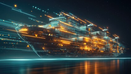 Futuristic ship, digitally rendered,  speed lines,  glowing,  night,  water,  reflection