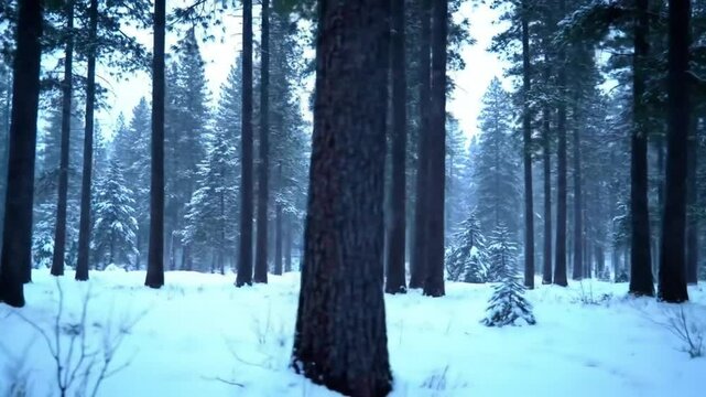 A serene snowy forest with tall pine trees, covered in fresh snow and illuminated by soft winter light.
