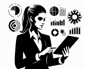 The silhouette of a business analyst girl holding a tablet in her hands composing infographics on a white background. Vector graphics. EPS.