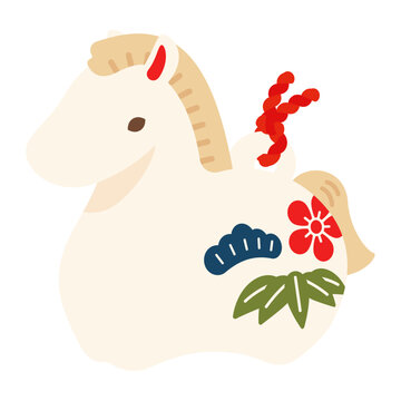 午の縁起物の土鈴白馬飾り|年賀状お正月素材イラスト