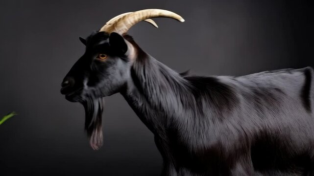 Portrait of a glossy black goat with long horns, beard and golden eyes standing against a dark grey seamless backdrop in a studio setting
