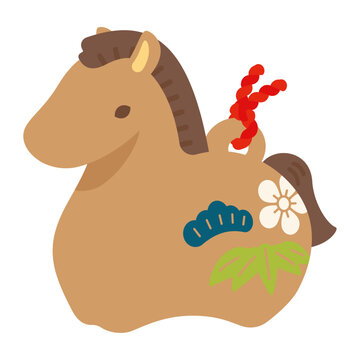 午の縁起物の土鈴茶色馬飾り|年賀状お正月素材イラスト