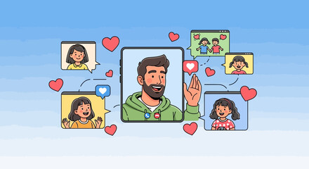 Father's day man video calling with friends and family online using mobile app with hearts and love icons around him vector