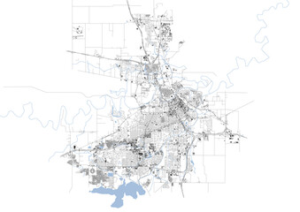 Fototapeta premium Description & Keywords Description: Wichita Falls map showcasing highways, buildings, and waterways. Detailed vector illustration for urban planning or decor.