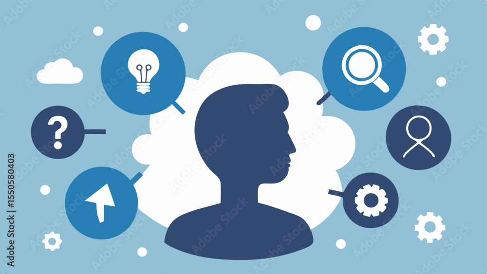 Aufkleber behavior analysis a silhouette of a profiler deep in thought surrounded by thought bubbles featuring