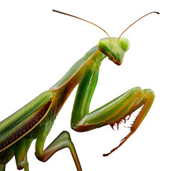 A praying mantis in defensive pose with forelegs raised, bright green body and triangular head clearly defined