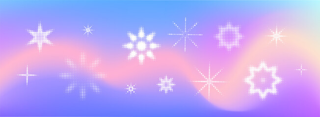 Winter gradient background with snowflake pattern. Pixel game bg. Halftone snow flake icon set. Blue pink blur backdrop winter ornament. Vector mesh illustration