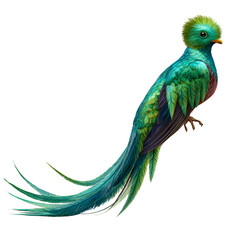 A resplendent quetzal with iridescent green plumage and long tail feathers, facing front in upright pose. Focus on shimmering gradients. 8K, high detail, ultra-sharp, transparent background style