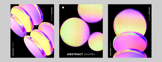 Abstract gradient 3d poster. Futuristic holographic background. Fluid gradient circle shape black background. Geometric technology abstract pattern. Iridescent glass round element. Vector illustration
