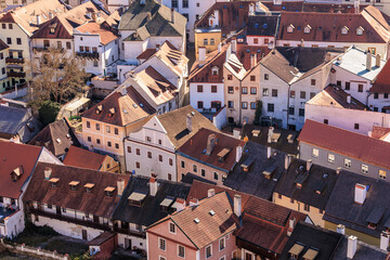 Aerial view of historic european town with diverse roofscapes and colorful architecture, Cesky...