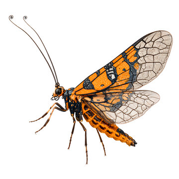 A scorpionfly with curled tail and elongated head, orange and black patterns, wings flat. Focus on unique tail shape. 8K, high detail, ultra-sharp, transparent background style