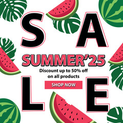 Tropical summer sale banner featuring bold SUMMER 25 text, juicy watermelon slices, lush monstera leaves, and Shop Now call-to-action. Up to 50% off on all products!
