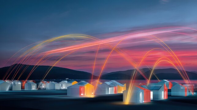 A dynamic cityscape at dusk with highlighted homes that have battery packs demonstrating a community interconnected through energy management systems utilizing timeofuse strategies
